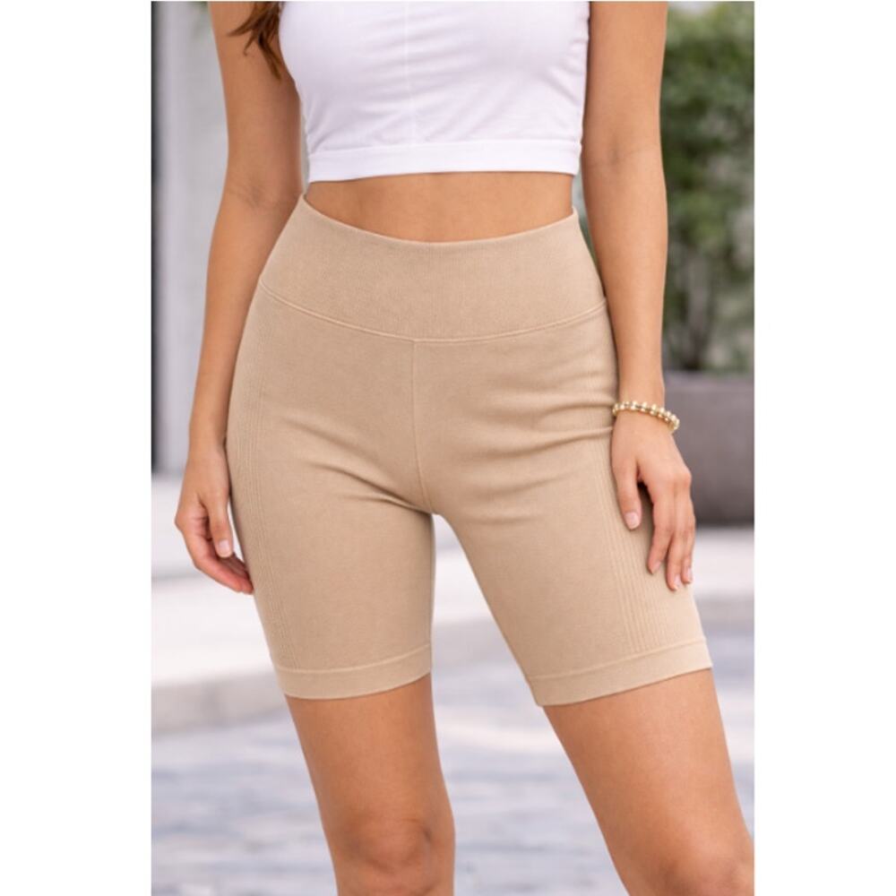 New SPIRITUAL GANGSTER Women's Beige Ribbed High Waist Biker Shorts Size M/L